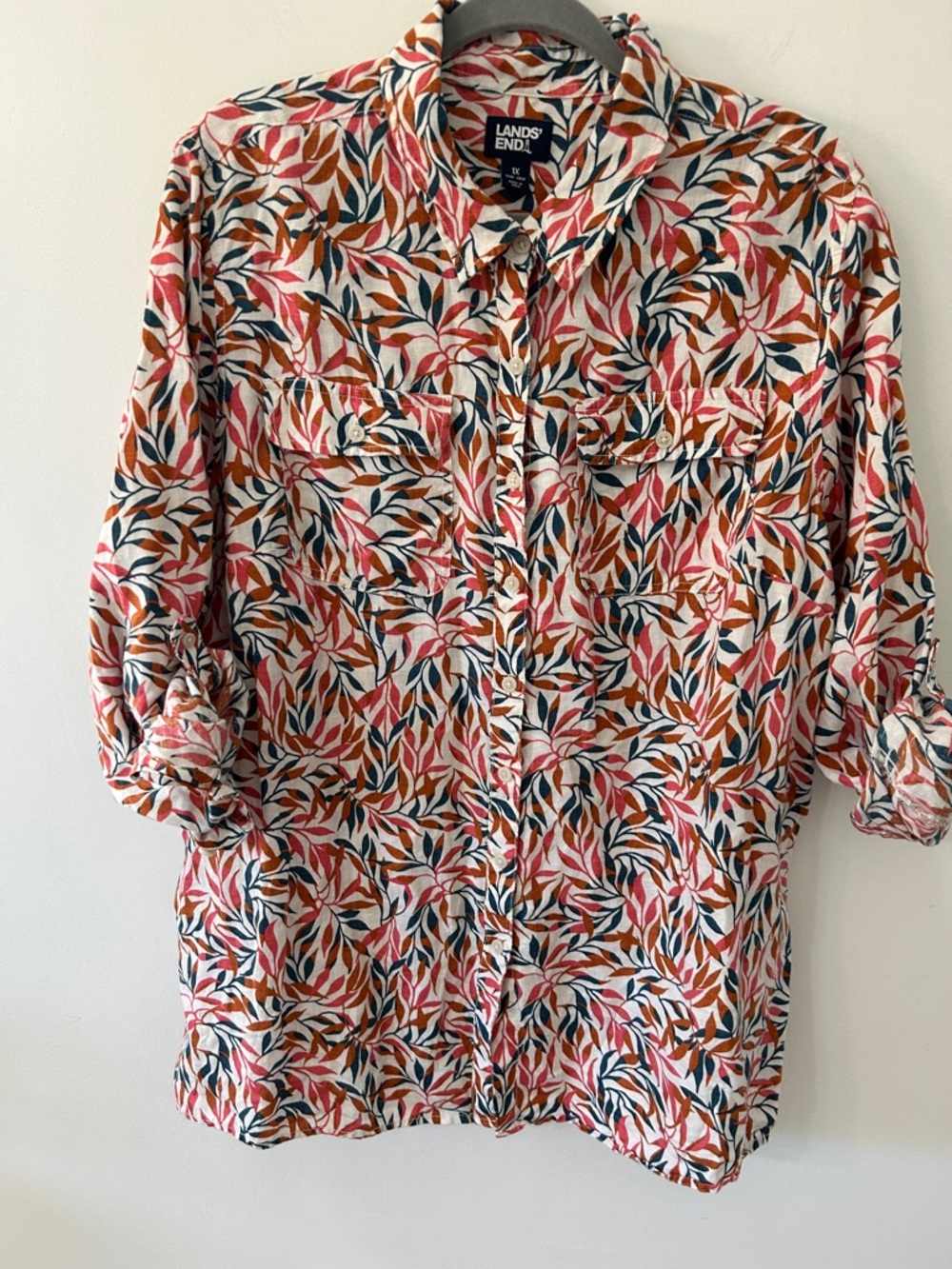 Lands' End A Line Linen Tunic Women’s XL Floral Leaf Print Button Up Resort Wear - Picture 16 of 16